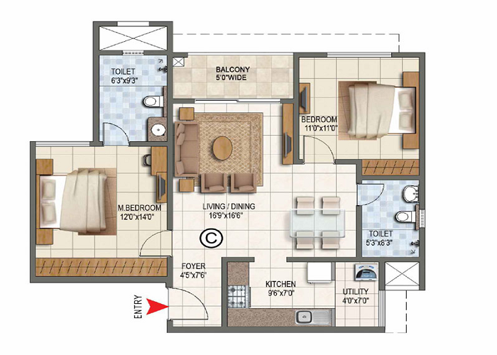 Prestige Grove Hills 3 BHK Floor Plan